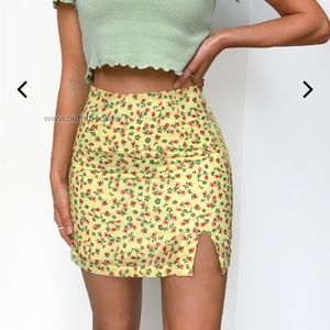 Yellow Floral Mini Skirt With Front Split